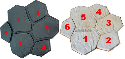 Concrete Molds 6 Piece DIY Plastic Molds Set for Flagstone Paving Stones, showing textured surfaces and reusable ABS material.