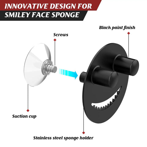 Exploded view of black Cool Kitchen Sink Sponge Holder With Suction Cup Self Draining Caddy For Stainless Steel Sinks Rust Proof SUS 304.