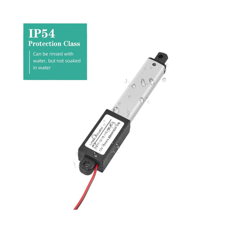 Mini 12V Linear Actuator With 1.2 Inch Stroke, 60N Load, IP54 waterproof rating, shown with water droplets, remote lever switch
