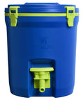 Hardcore Two Gallon Insulated Water Jug Featuring Double Wall Foam Build, blue with green lid and spout, ideal for camping.