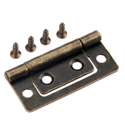 Close-up of Four Pack 2 Inch Iron Flush Door Hinges For Cabinets And Cupboards, Jewelry Boxes, And Wooden Decor 50x24mm with screws