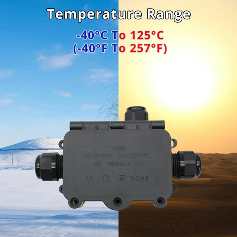 3 Way Waterproof Junction Box With Terminals And Screws IP68 Clamshell Underground Electrical Splice Box for Burial, temperature range display