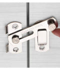 Heavy Duty Sliding Barn Door Latch With 90 Degree Angle Gate Lock Bolt For Wine Cabinet Drawer And Window Furniture Hardware on stainless steel surface.