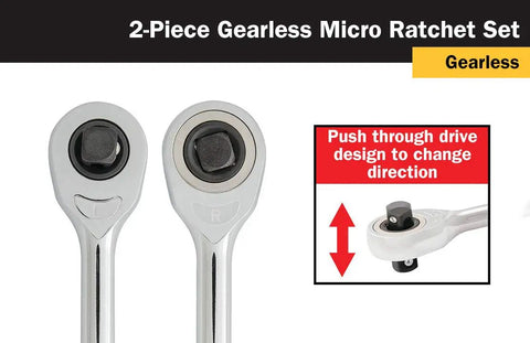 Close-up view of Gearless Micro Ratchet Set With 1/4-Inch And 3/8-Inch Drives, showcasing push-through design illustration.