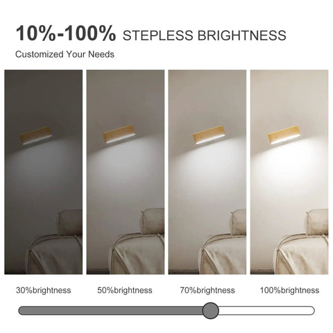 Wooden Magnetic 360 Degree Rotatable Night Light With LED Battery Operated Beech Wood Wall Sconce showing dimmable settings