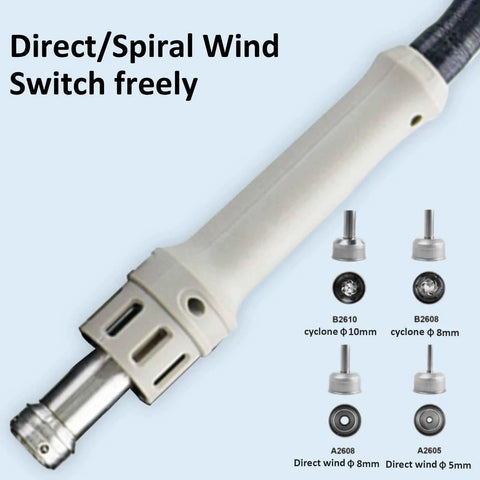 Pro Grade 1000W Hot Air Soldering Station nozzle with direct and spiral wind switch, shown with interchangeable nozzles B2610 B2608 A2608 A2605