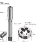 Two Piece Tap And Die Set For 5/8-11 UNC Left Hand Threads With Pro Grade Tap And Die For Easy Thread Repair And Bolt Nut Fix Handy Workshop Tool Kit For Metalworking And Woodworking Projects, shown with measurements.