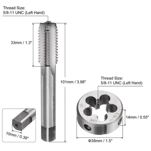 Two Piece Tap And Die Set For 5/8-11 UNC Left Hand Threads With Pro Grade Tap And Die For Easy Thread Repair And Bolt Nut Fix Handy Workshop Tool Kit For Metalworking And Woodworking Projects, shown with measurements.