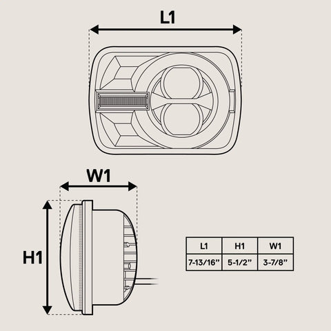 Diagram of Badass 5x7 Inch LED Headlights H6054 Black dimensions for Jeep Wrangler YJ Cherokee XJ and more. L1: 7-13/16, H1: 5-1/2, W1: 3-7/8.