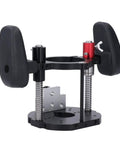 Premium Adjustable Router Lift For Woodworking Benches Built With A Rock Solid Aluminum Frame And Hella Smooth Micro Adjustments, featuring robust black body and tuning knobs.