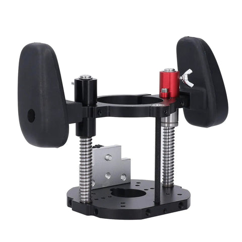 Premium Adjustable Router Lift For Woodworking Benches Built With A Rock Solid Aluminum Frame And Hella Smooth Micro Adjustments, featuring robust black body and tuning knobs.