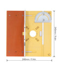 Premium Aluminum Router Lift System With No Sweat Above Table Adjustment for woodworking, showing anodized alloy plate and calibration track.