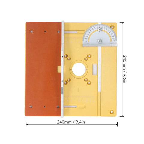 Premium Aluminum Router Lift System With No Sweat Above Table Adjustment for woodworking, showing anodized alloy plate and calibration track.