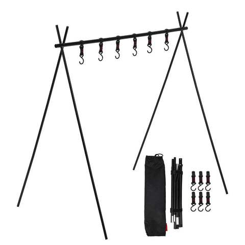 Portable Aluminum Camping Storage Hook Rack With Six Hooks Foldable Tripod Design For Mountaineering And BBQ Tools setup view