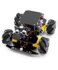 Front view of Adeept 4WD Mecanum wheel smart car kit for Raspberry Pi, four wheels and exposed electronics