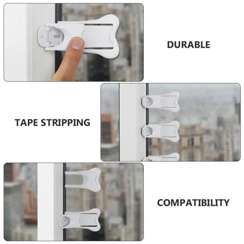 6 Pack Childproof Cabinet Locks for Sliding Doors White ABS Safety Latches in use on window