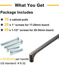 Package contents with 10 oil rubbed bronze drawer pulls, screws, and instructions for Upgrade Your Home With A 10 Pack Of 5 Inch Slick Brushed Oil Rubbed Bronze Drawer Pulls Cabinet Handles For Kitchen Cabinets Dressers Bathroom Vanities And Cupboards 128 mm Center To Center