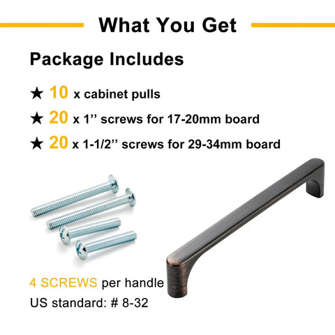 Package contents with 10 oil rubbed bronze drawer pulls, screws, and instructions for Upgrade Your Home With A 10 Pack Of 5 Inch Slick Brushed Oil Rubbed Bronze Drawer Pulls Cabinet Handles For Kitchen Cabinets Dressers Bathroom Vanities And Cupboards 128 mm Center To Center