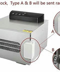 Stainless Steel Food Dehydrator Electric Snack Dryer Machine For Fruit Vegetable Herb Meat Jerky Maker showcasing safety locks A and B.