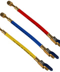 Three 9-inch, 1/4 inch ID charging hoses in red, blue, and yellow with brass fittings.