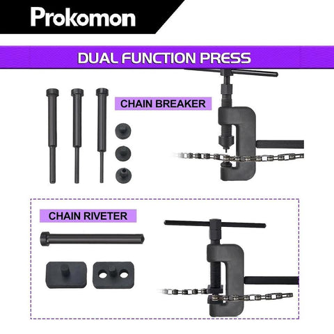 Front view of Prokomon 13-piece chain breaker tool kit with riveter and accessories for 25–630 chain