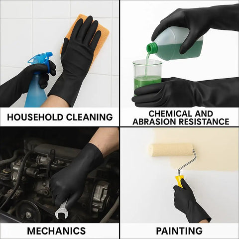 Built To Kick Butt With These Top Shelf Heavy Duty Black Rubber Work Gloves Featuring Rock Solid Chemical Resistance For Grease Monkeys And Pro Mechanics Shops used for cleaning, mechanics, and painting tasks.