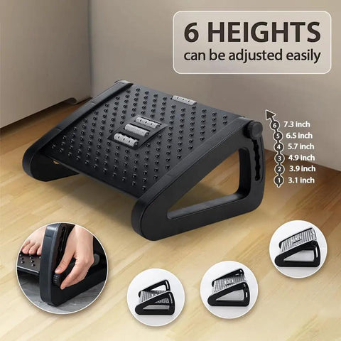 Six Height Adjustable Under Desk Foot Rest featuring massage rollers and non-slip base for ergonomic office comfort.