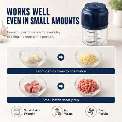 Cordless Electric Garlic Chopper And Mini Food Processor 400Ml Blue With Six Stainless Steel Blades for garlic and meat prep.