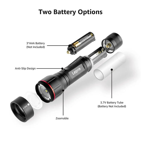 Ultra Bright LED Flashlight With Clip, Zoomable Beam disassembled showing battery options