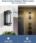 Dusk To Dawn Outdoor Wall Lanterns Large Exterior Porch Lights With Seeded Glass IP65 Waterproof Sconces on house wall at day and night.