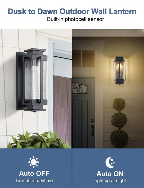 Dusk To Dawn Outdoor Wall Lanterns Large Exterior Porch Lights With Seeded Glass IP65 Waterproof Sconces on house wall at day and night.