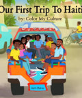 Illustrated cover of "Check Out This Dope Illustrated Educational Storybook Capturing Vibrant Haitian Culture" featuring joyful characters in a colorful vehicle.
