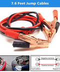 Beefed Up Roadside Emergency Kit jumper cables 7.6 feet long, heavy-duty copper clamps shown against instruction guide.
