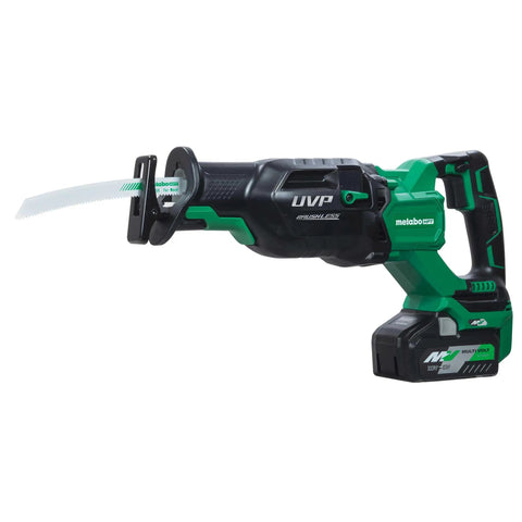 Side view of 36V MultiVolt Brushless Reciprocating Saw Kit with 18V 36V battery, curved wood blade, in black and green color.