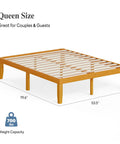Built Tough Queen Size Platform Bed Frame In Real Natural Pine Wood With Thick Wooden Slats For Zero Wobble Support Never Requires A Box Spring And Flawless Setup For Your Bedroom Space, featuring sturdy slats and dimensions.