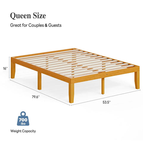 Built Tough Queen Size Platform Bed Frame In Real Natural Pine Wood With Thick Wooden Slats For Zero Wobble Support Never Requires A Box Spring And Flawless Setup For Your Bedroom Space, featuring sturdy slats and dimensions.