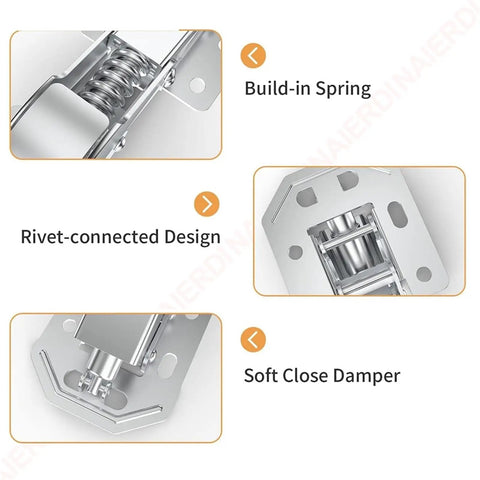 Close-up of 90 Degree Soft Close Cabinet Hinges For No Pre Drill Hidden Concealed Design, showing build-in spring and rivet-connected design.