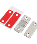 Magnetic Door Catch Set Ultra Thin Stainless Steel 8 Pack for cabinets, including two red adhesive pads and metallic catches.