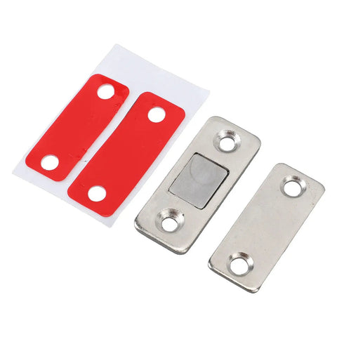 Magnetic Door Catch Set Ultra Thin Stainless Steel 8 Pack for cabinets, including two red adhesive pads and metallic catches.