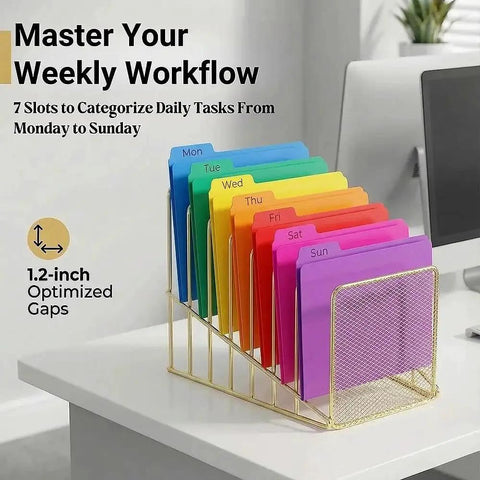 Gold Desk Organizer With 7 Slot Inclined Vertical File Holder Mesh Front Rack For Mail Slim Binders And Books Slick Modern Office Organizer And Desktop Decor displayed with colorful weekly folders
