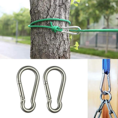 Beefy 5.5 Inch Carabiner Clips Set Of 2 Stainless Steel 304 Snap Hooks used for rope linking, shown in various outdoor applications.