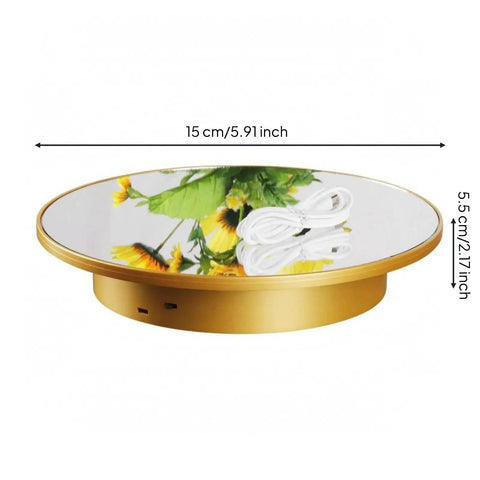 Stunning Mirrored Gold Electric Turntable For Jewelry And Accessories, 15 cm diameter, USB powered with reflective surface.