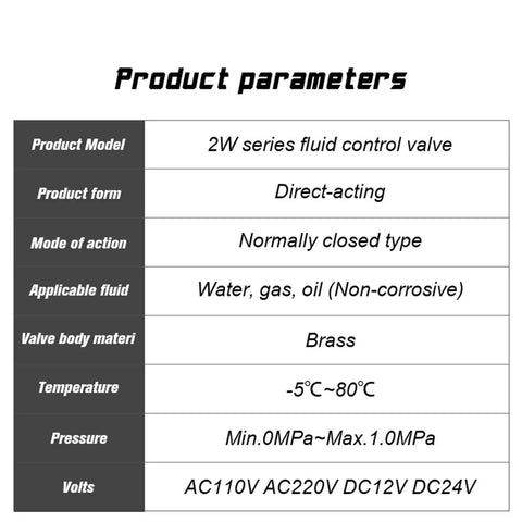 Product parameters chart for Energy Saving Direct Acting Normally Closed Solenoid Water Valve For Home And Industry, Fits One Quarter Inch One Eighth Inch One Half Inch Three Quarter Inch Fittings, Works With AC 220V Or DC 24V, 24 Hour Power, Color 2W500-50, Size DC Twelve Volt.