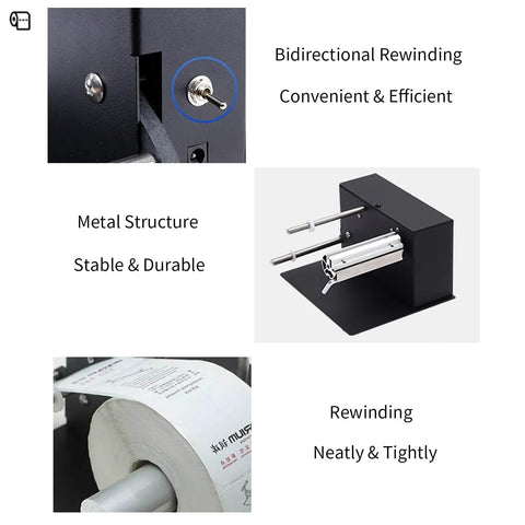 Automatic Label Rewinder Machine With Two-Way Rewind, showing metal frame, bidirectional switch, and compact design for efficient label rewinding.