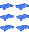 Six Pack Blue Plastic Pallets With Hollow Grid Surface For Ventilated Moisture Proof Storage Lightweight Built To Last Polyethylene Nestable And Spliceable Floor Pallets For Indoor Outdoor Garage Or Warehouse Use