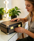 8 Pack Small Matte Gold Toggle Latch Locks for Jewelry Boxes on a wooden case, secured and elegant, easy install.
