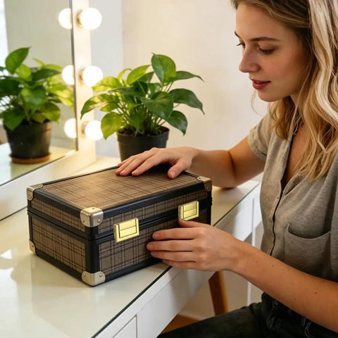 8 Pack Small Matte Gold Toggle Latch Locks for Jewelry Boxes on a wooden case, secured and elegant, easy install.