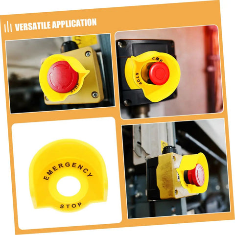 2 Pack Stop Button Protective Covers For Emergency Stop Switches Industrial Plastic Guard in yellow, mounted on machine.