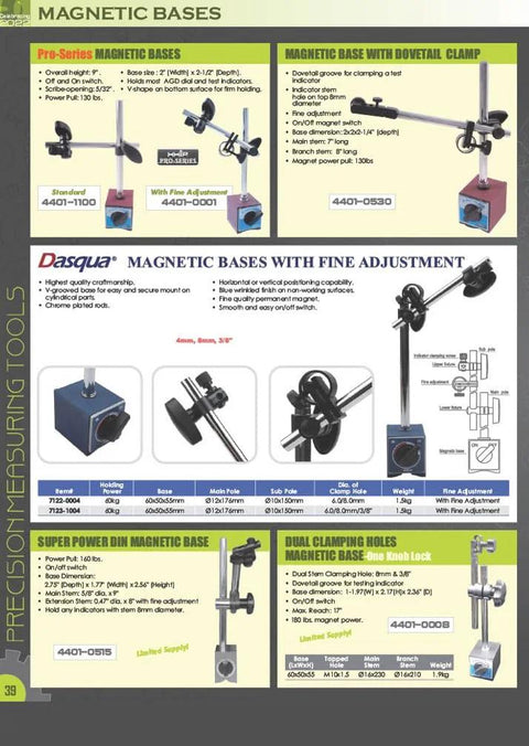 Dasqua magnetic bases catalog page showing chrome adjustable bases, clamps, and accessories.