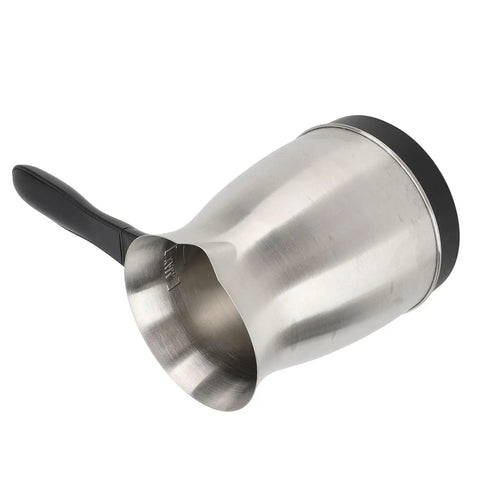 110V Electric Turkish Coffee Pot With 600ML Stainless Steel Build For Home Use, side view showing black handle and spout.